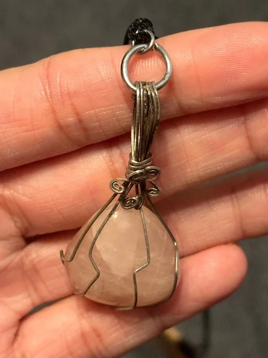 Handmade Pink Rose Quartz Wire-Wrap Necklace on Black Adjustable Cord - Picture 4 of 6